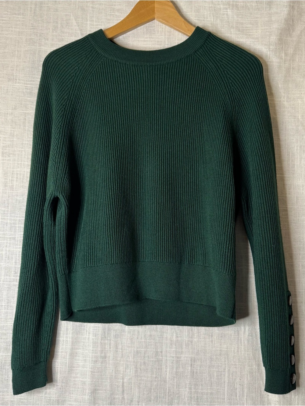 Sezane Forest Green Ribbed Crewneck Sweater with Button Cuffs